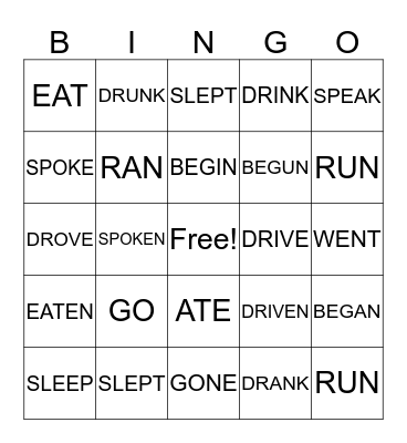 Irregular Verbs Bingo Card