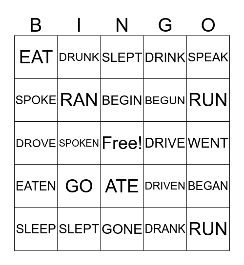 Irregular Verbs Bingo Card