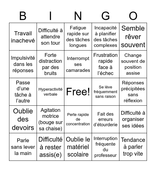 “Repérer le TDAH chez Albert” Bingo Card