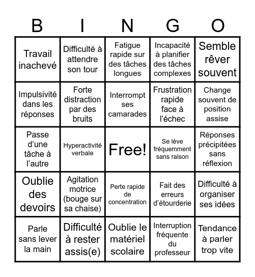 “Repérer le TDAH chez Albert” Bingo Card