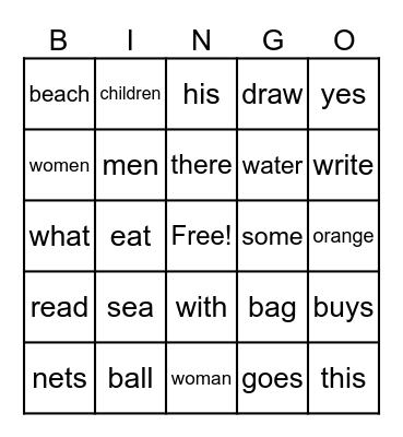 On The Beach Words Bingo Card