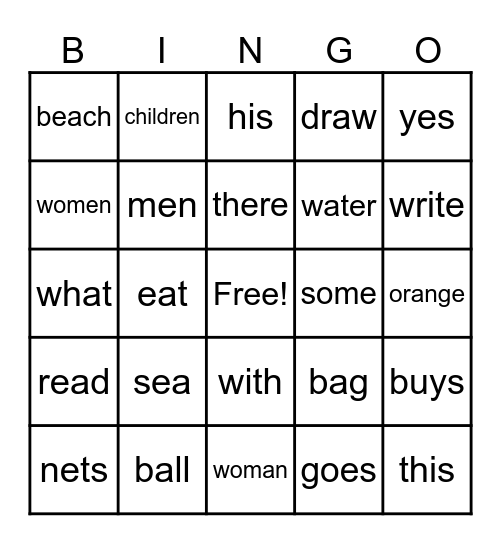 On The Beach Words Bingo Card