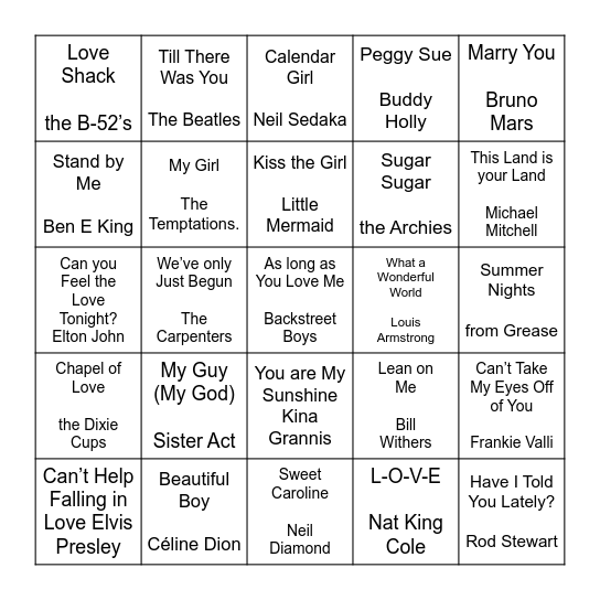 Musical Bingo   L O V E Bingo Card