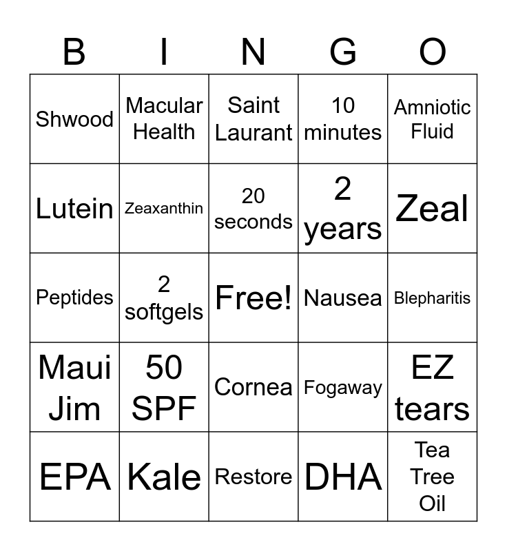Product Knowledge Bingo Card