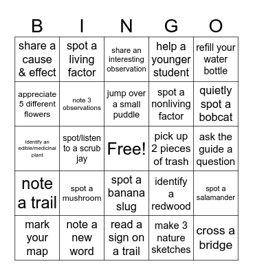 Pogonip Trail Hike Bingo Card