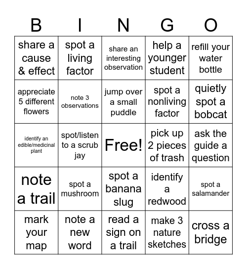 Pogonip Trail Hike Bingo Card