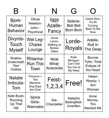 Radio Bingo International Women of Pop Music Bingo Card