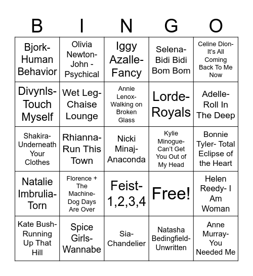 Radio Bingo International Women of Pop Music Bingo Card