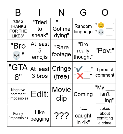 YT shorts bingo Card