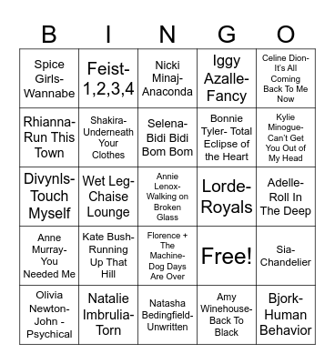 Radio Bingo International Women of Pop Music Bingo Card