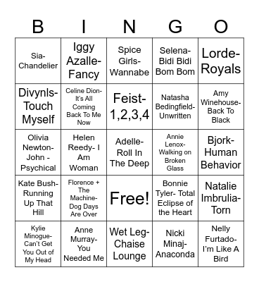 Radio Bingo International Women of Pop Music Bingo Card