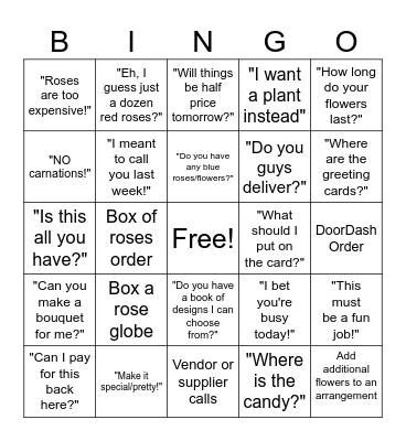 Valentine's Day Florist Bingo Card