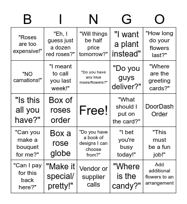 Valentine's Day Florist Bingo Card