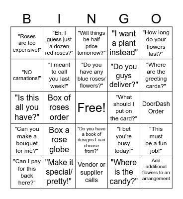 Valentine's Day Florist Bingo Card
