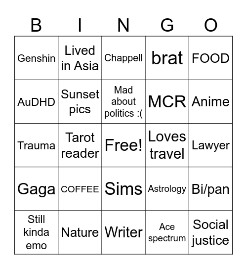 Kaylee Bingo Card