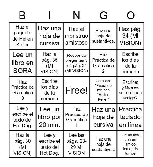 Español Bingo Card