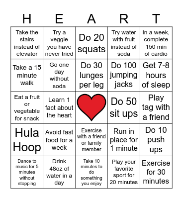 Student Heart Health Bingo Card