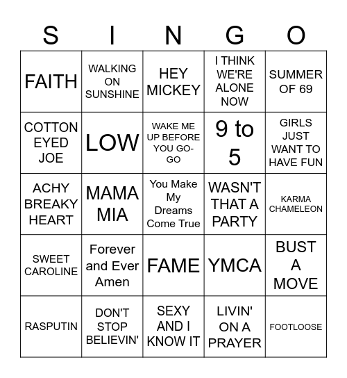 SINGO Bingo Card