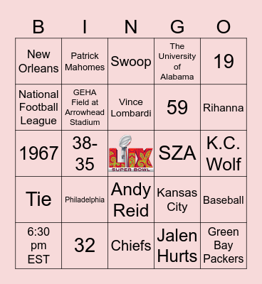 Super Bowl LIX Bingo Card