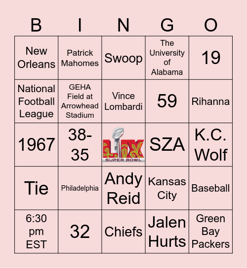 Super Bowl LIX Bingo Card