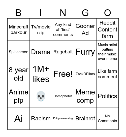 Youtube shorts bingo Card
