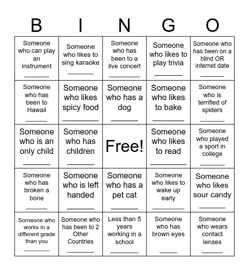 Teacher Bingo Card