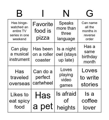 Getting to know each other Bingo Card