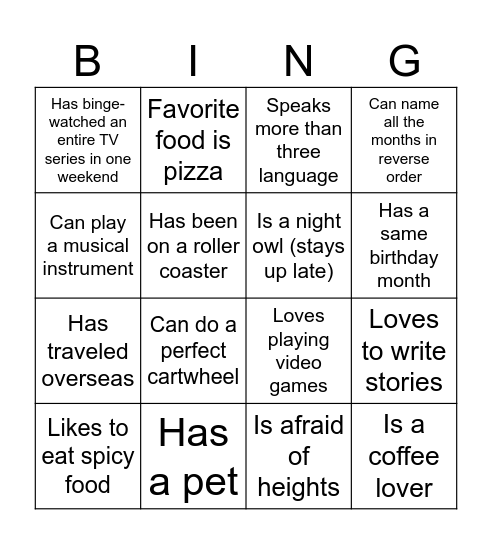 Getting to know each other Bingo Card
