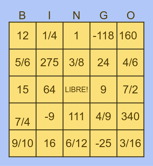 BINGO MATEMÁTICO Bingo Card