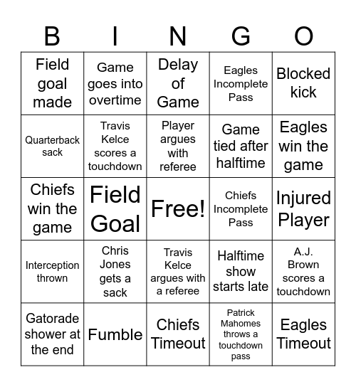 2025 Super Bowl Bingo Card
