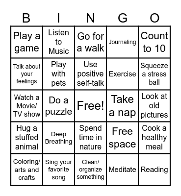 Coping Skills Bingo Card