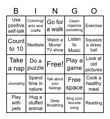 Coping Skills Bingo Card