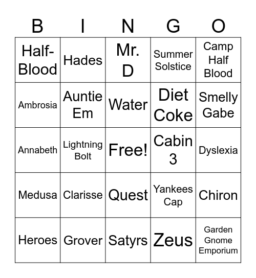 Percy Jackson and the Lightning Thief Bingo Card