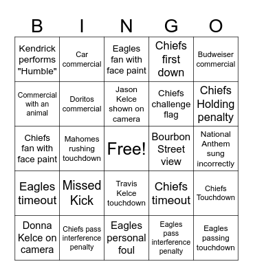 Super Bowl 2025 Bingo Card