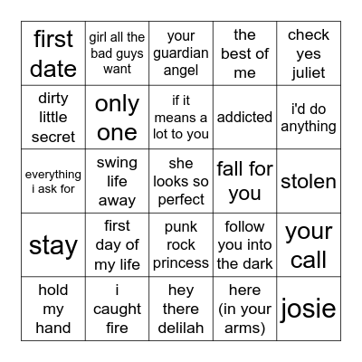 Emo Love Songs Bingo Card