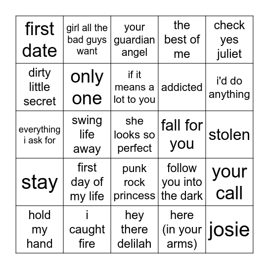 Emo Love Songs Bingo Card