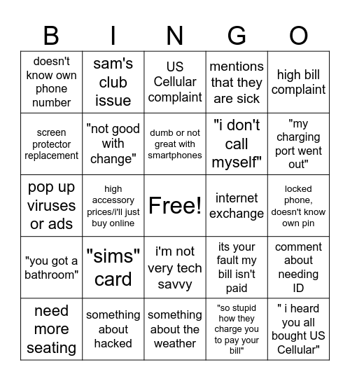 phone store nightmare Bingo Card