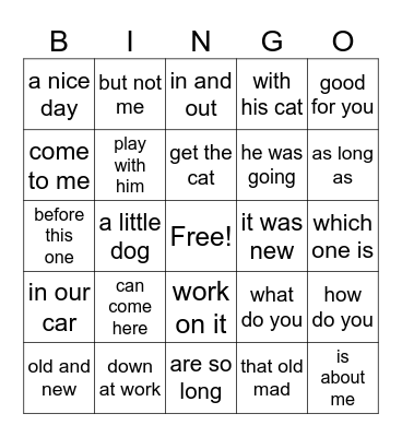 Fluency Phrases Bingo Card
