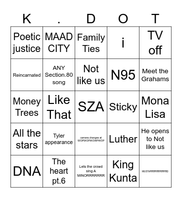 Kendrick Superbowl Bingo Card