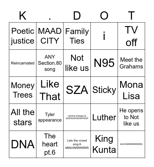 Kendrick Superbowl Bingo Card