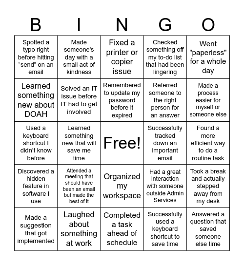 Admin Services Desk Bingo Card