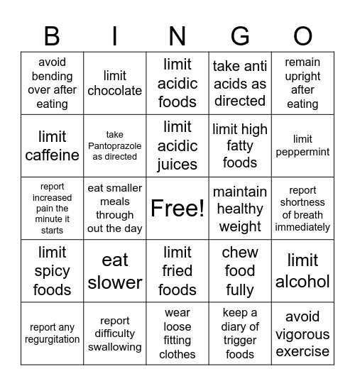 Hiatal Hernia DO's! Bingo Card