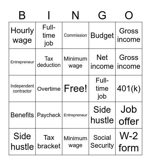 Unit 1: Earning Income Bingo Card