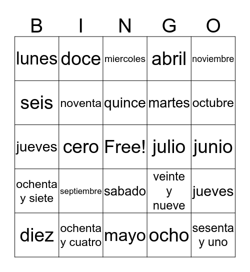 Dias, Meses, Numeros Bingo Card