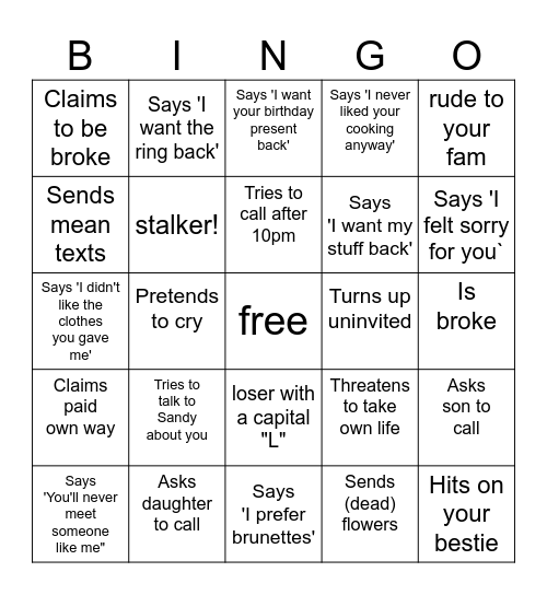 Loser Ex Club Bingo Card
