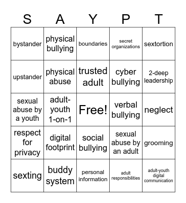 Scouting America Youth Protection Training Bingo Card