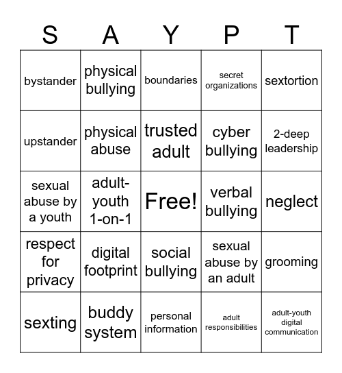 Scouting America Youth Protection Training Bingo Card