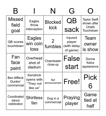 Super Bowl Bingo Card