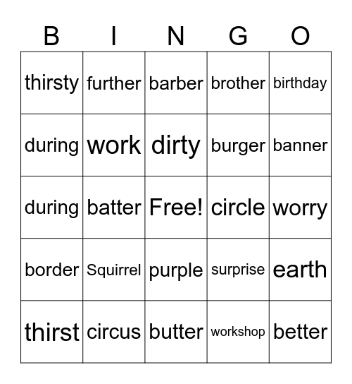 Words with /er/ Bingo Card