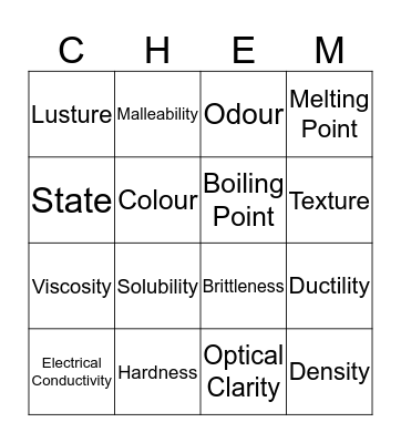 Physical Properties BINGO Card